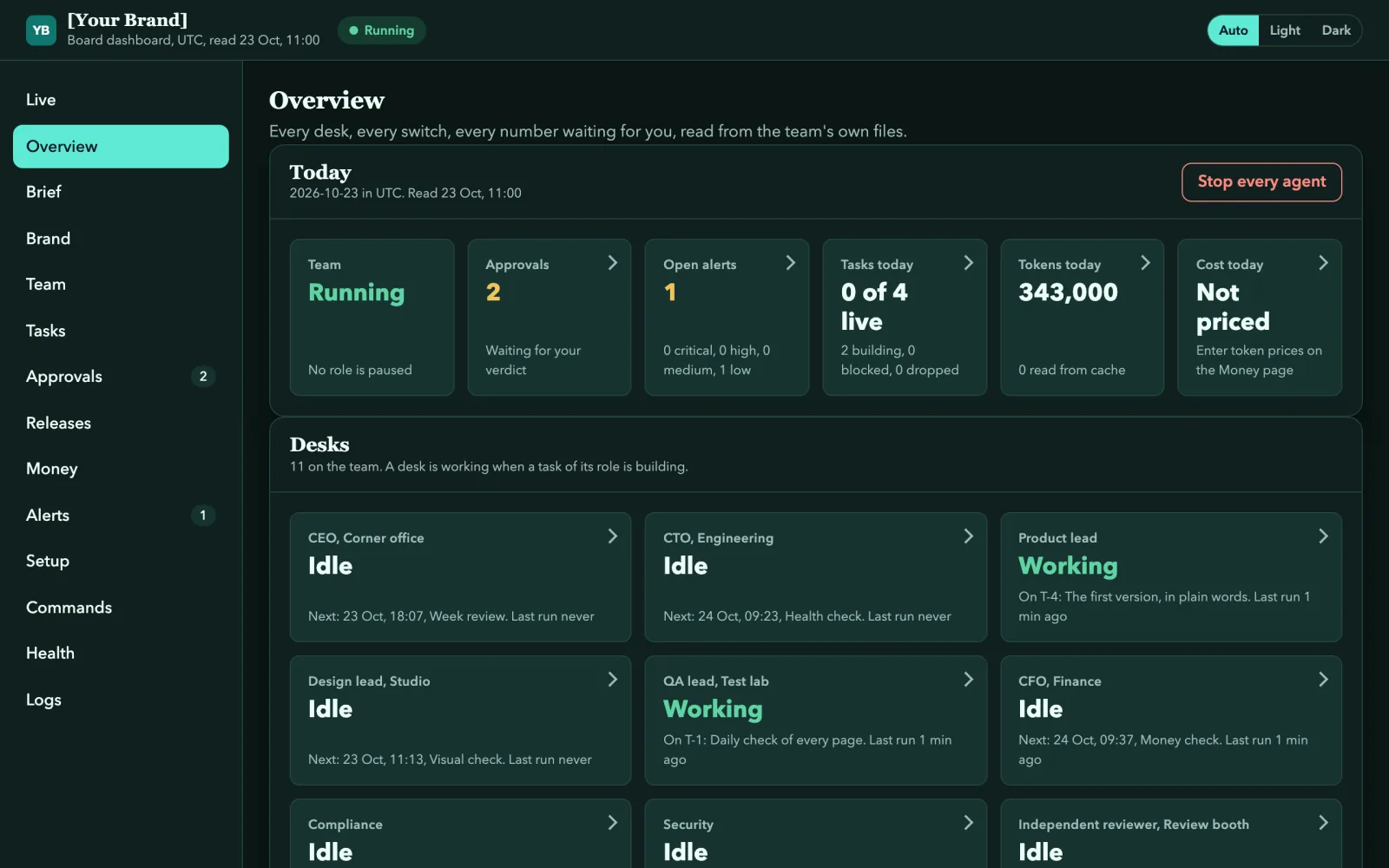 The same Overview page with the placeholder brand [Your Brand] from ops/BRAND.json: its logo, a green colour scheme and a serif typeface.