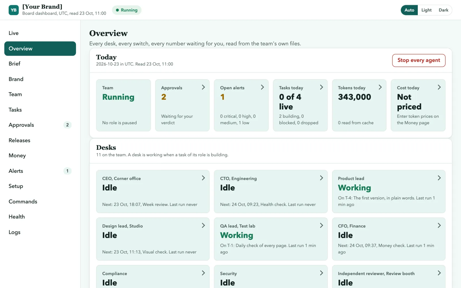 The same Overview page with the placeholder brand [Your Brand] from ops/BRAND.json: its logo, a green colour scheme and a serif typeface.