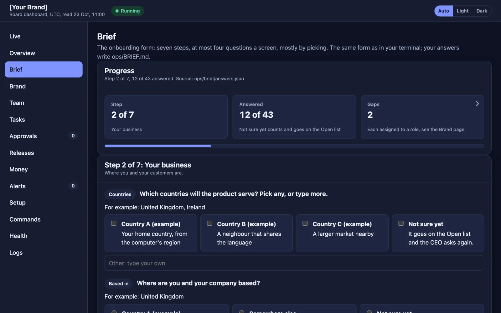 The dashboard's Brief page with example records: the onboarding form at Step 2 of 7, 12 of 43 answered, two gaps, and the countries question with three example countries to pick from and a field for your own words.