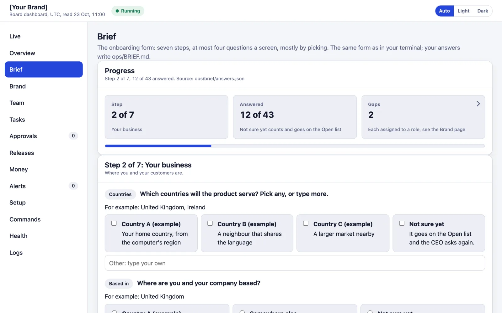 The dashboard's Brief page with example records: the onboarding form at Step 2 of 7, 12 of 43 answered, two gaps, and the countries question with three example countries to pick from and a field for your own words.