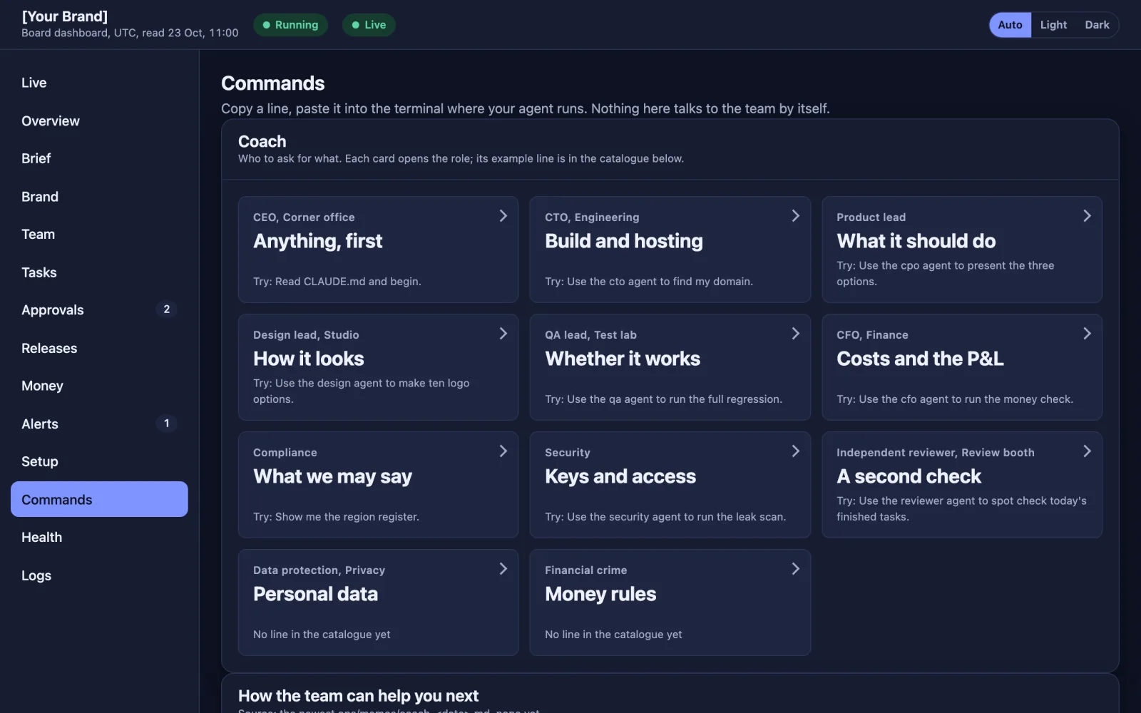The Commands page: the Coach panel, one box per role, such as the CTO for build and hosting and the CFO for costs and the P&L, each with an example line.