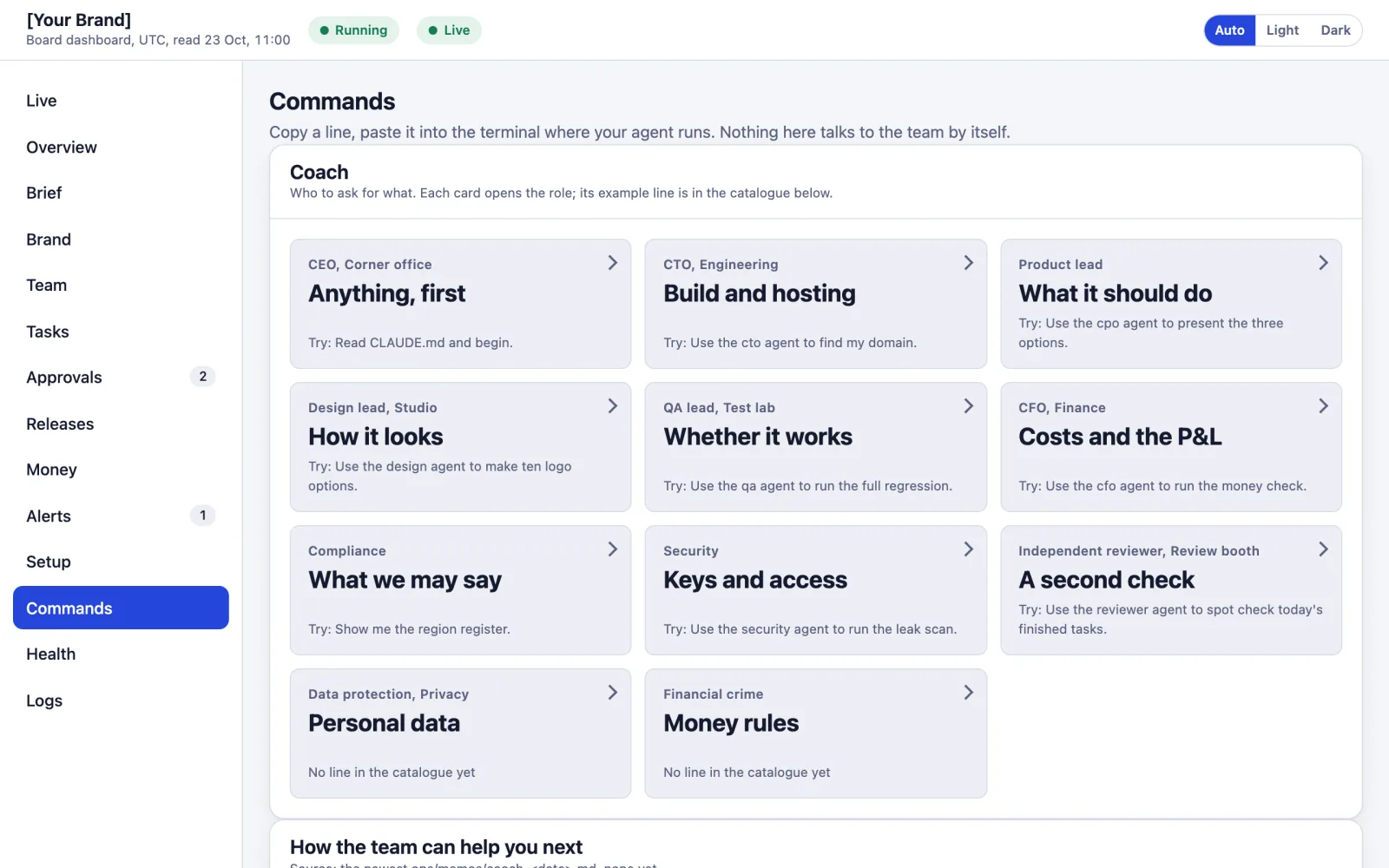 The Commands page: the Coach panel, one box per role, such as the CTO for build and hosting and the CFO for costs and the P&L, each with an example line.