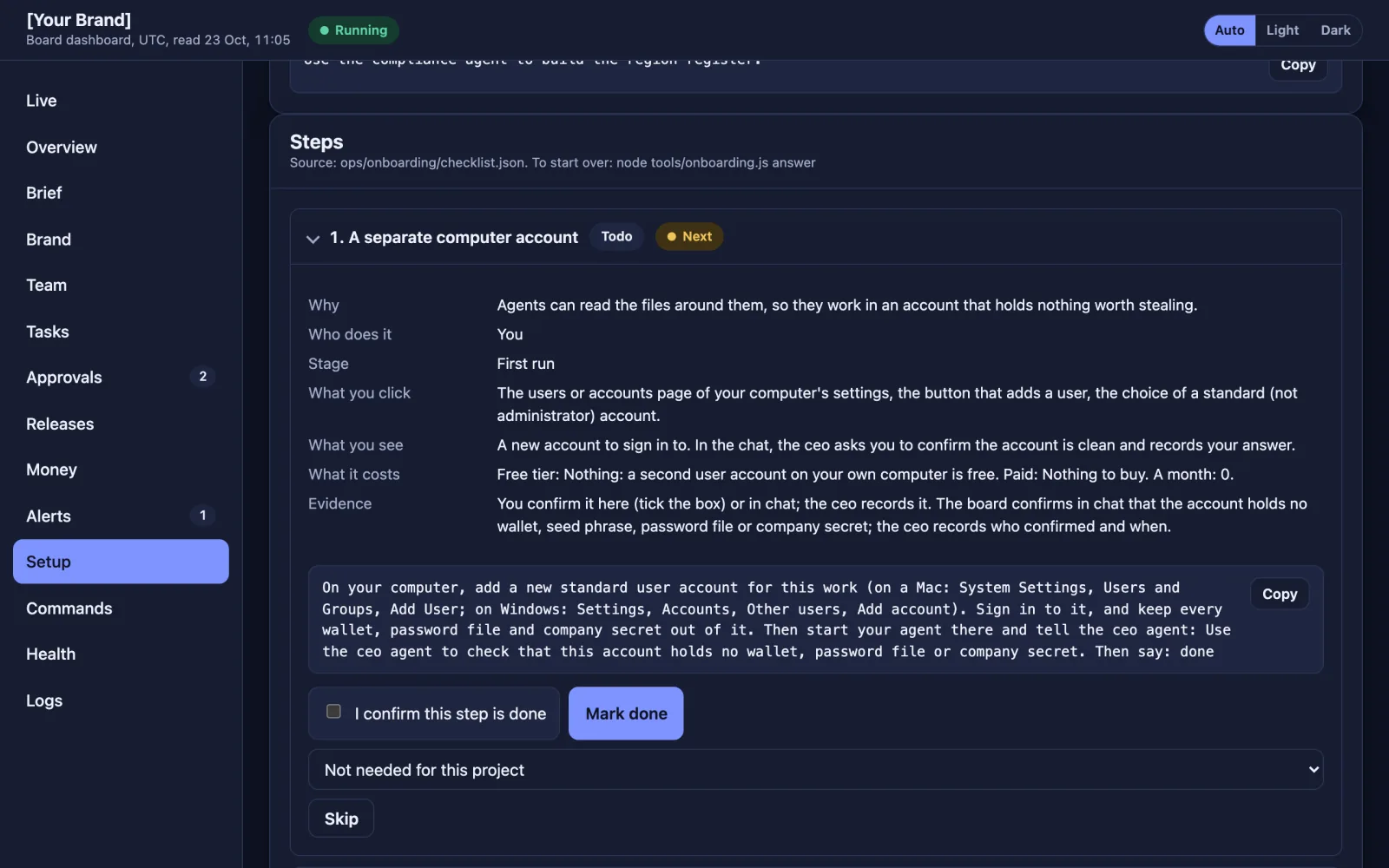 The Setup page: step 1, a separate computer account, with why, who does it, what you click, what you see, what it costs and the evidence asked for.