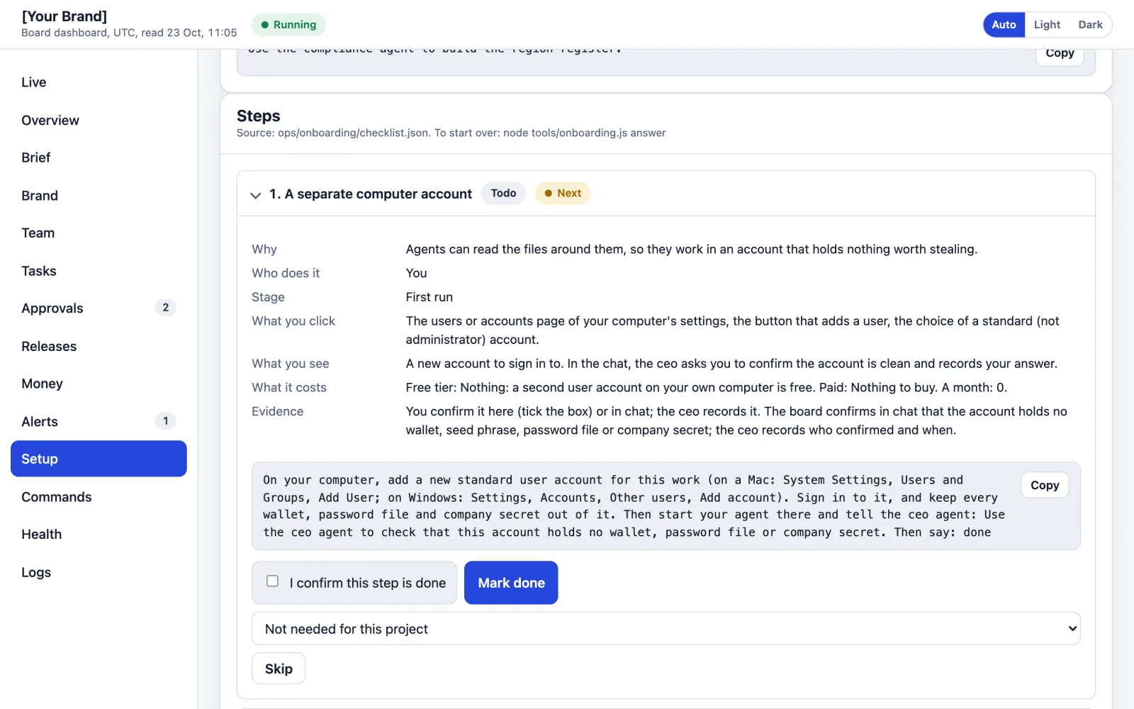The Setup page: step 1, a separate computer account, with why, who does it, what you click, what you see, what it costs and the evidence asked for.