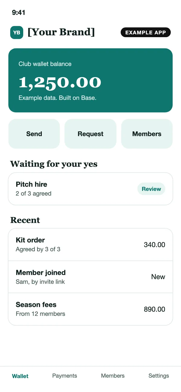 An example mobile app screen under the same placeholder brand, [Your Brand], marked Example: a club wallet with a balance of example data and a payment waiting for a yes.