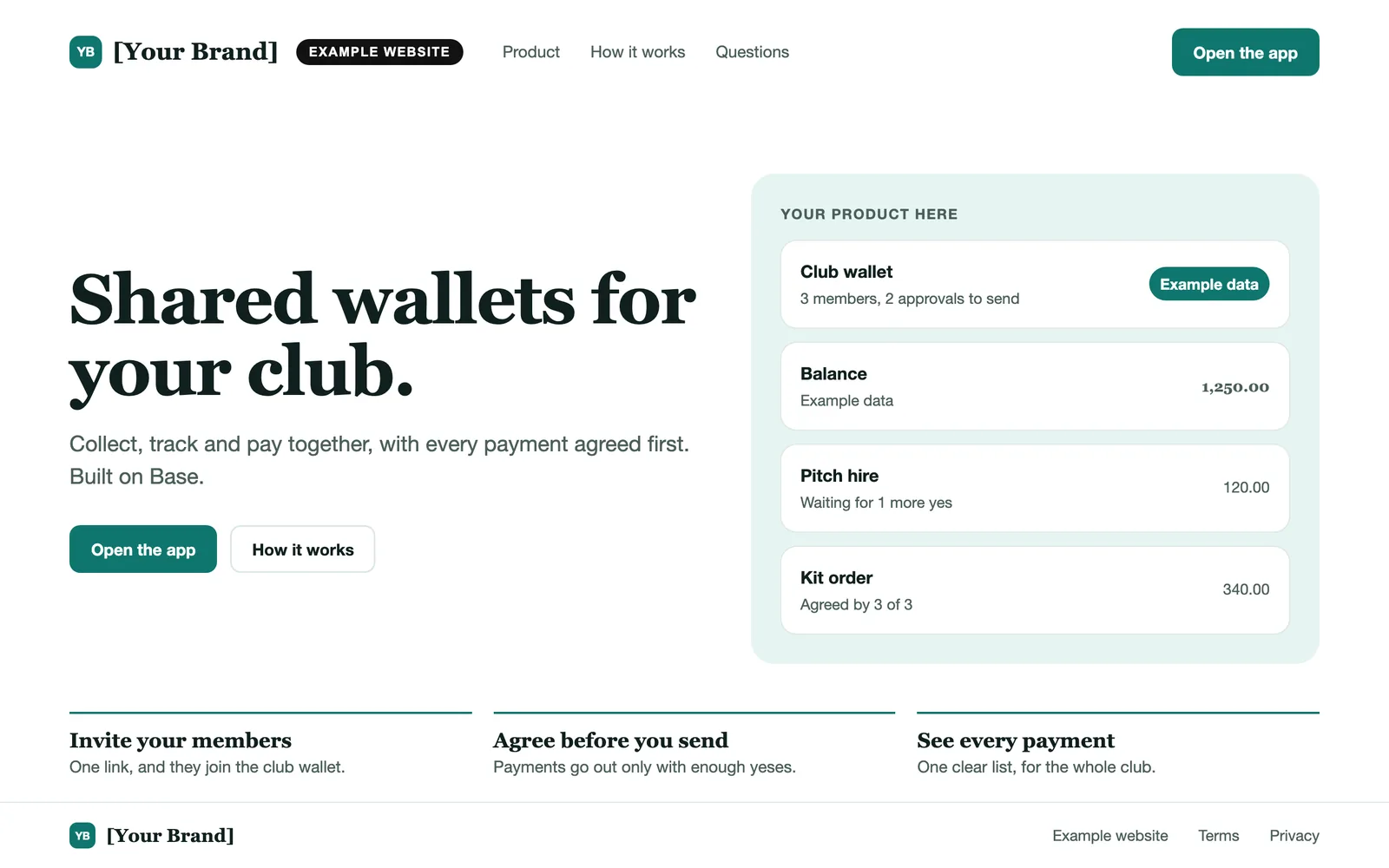 An example website under the placeholder brand [Your Brand], marked Example: shared wallets for a club, with example data and no prices.